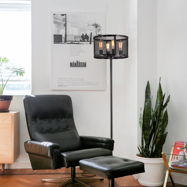 Corgin Black Mesh Round Floor Lamp with Edison Bulbs