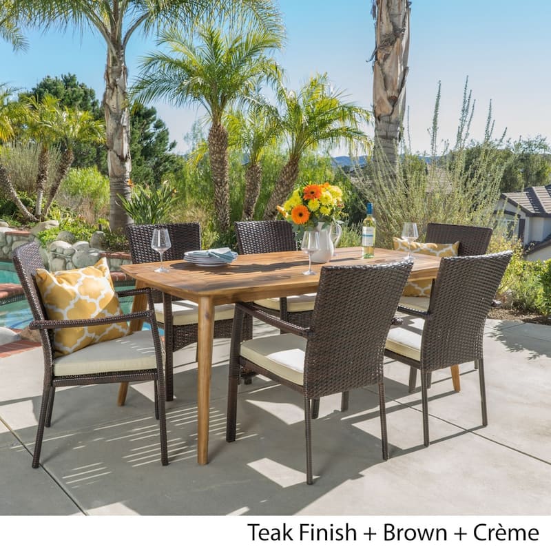 Talbot Outdoor 7-piece Wood Rectangle Dining Set with Cushions by Christopher Knight Home