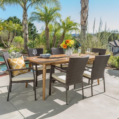 Talbot Outdoor 7-piece Wood Rectangle Dining Set with Cushions by Christopher Knight Home