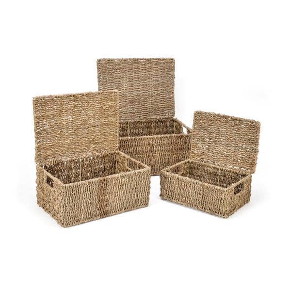 Flat Seagrass Storage Bins with Lid, Wicker Basket for Shelf Organize, Set  of 2 (Small+Large)