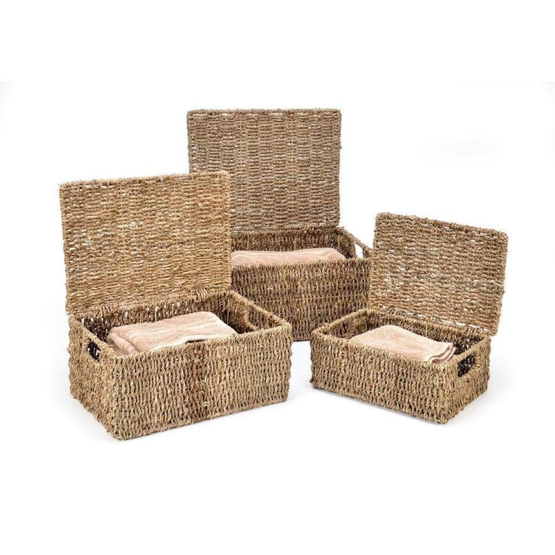 Set of 3 Rectangular Seagrass Baskets with Lids by Trademark Innovations