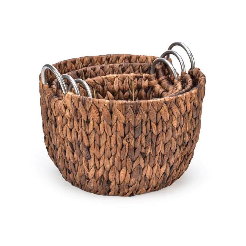 Set of 3 Round Hyacinth Baskets with Stainless Steel Handles-Rich Chocolate Finish-By Trademark Innovations