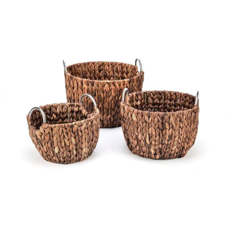 Set of 3 Round Hyacinth Baskets with Stainless Steel Handles-Rich Chocolate Finish-By Trademark Innovations