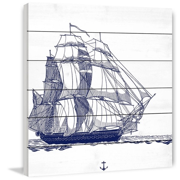 Marmont Hill - Handmade Blue Ship Painting Print on White Wood