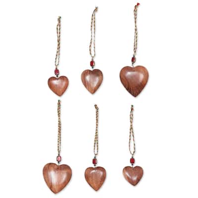 Sheesham Wood Hearts of Happiness Ornaments Set of 6 - 0.8" D