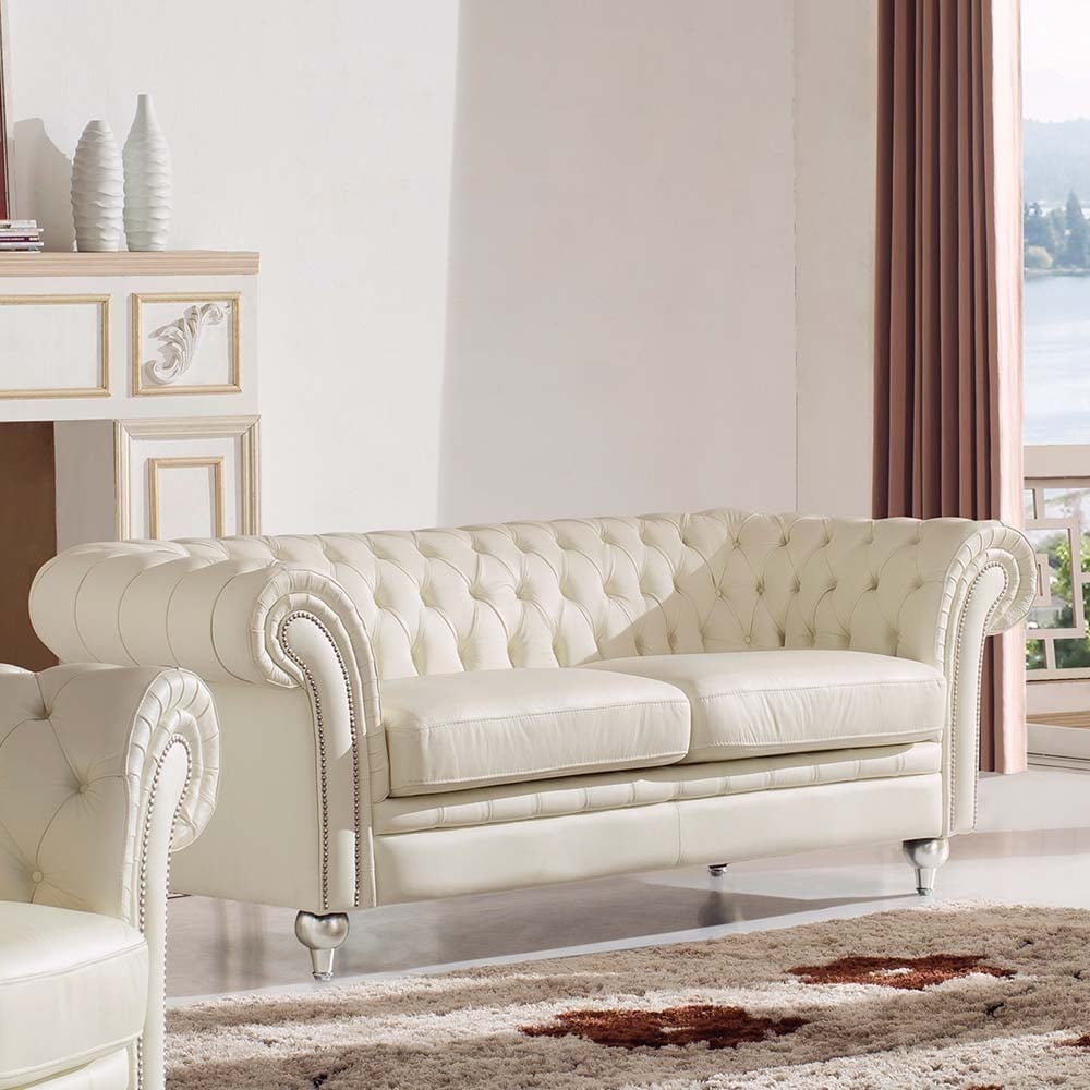Luca Home Ivory Genuine Italian Leather Diamond Tufted Sofa Diamond Tufted Sofa