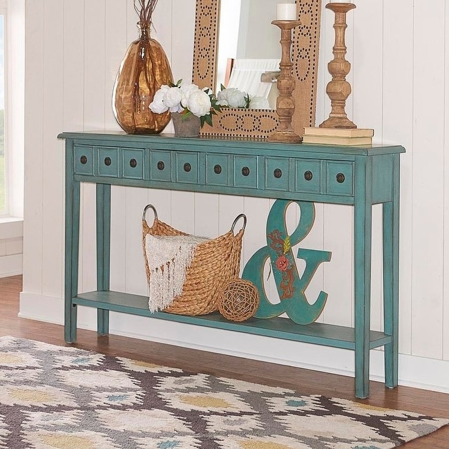 Powell Sadie Teal Wood Long Entryway Console Table Teal Transitional ...