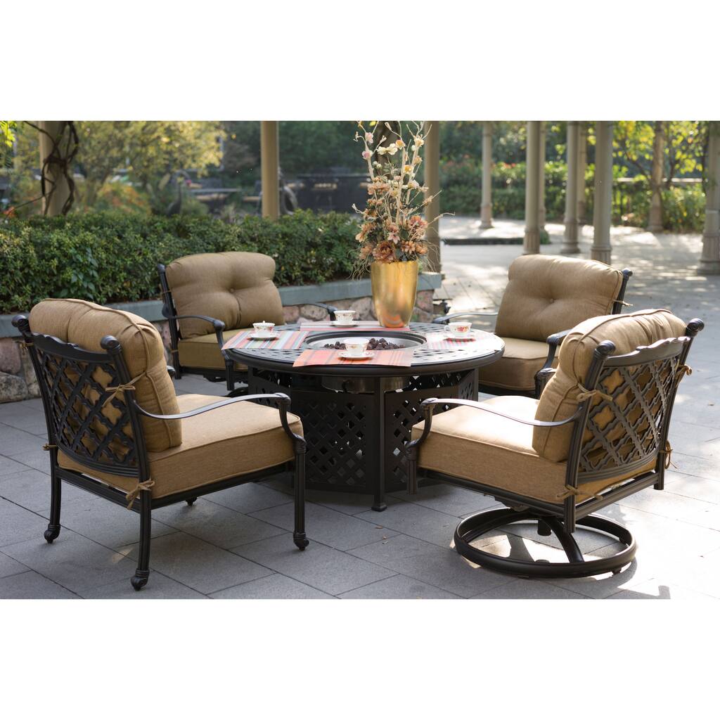 Darlee Camino Real Cast Aluminum 5-Piece Conversation Set, 52 Inch Round Propane Fire Pit Chat Table