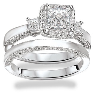 avanti rhodium plated sterling silver cubic zirconia princess cut center with halo design bridal set - Silver Wedding Ring Sets avanti rhodium plated sterling silver cubic zirconia princess cut center with halo design bridal set - Silver Wedding Ring Sets
