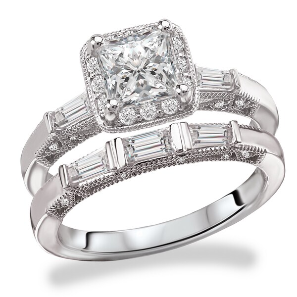 Avanti Rhodium Plated Sterling Silver Cubic Zirconia Princess Cut Center Round and Bauguette Vintage Bridal Set