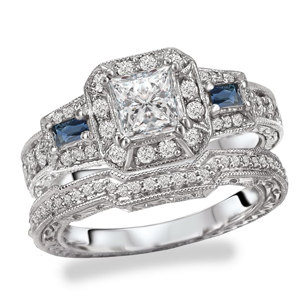 Avanti Rhodium Plated Sterling Silver Cubic Zirconia Princess Cut Avanti Rhodium Plated Sterling Silver Cubic Zirconia Princess Cut Halo With Blue Accent Vintage Bridal Set