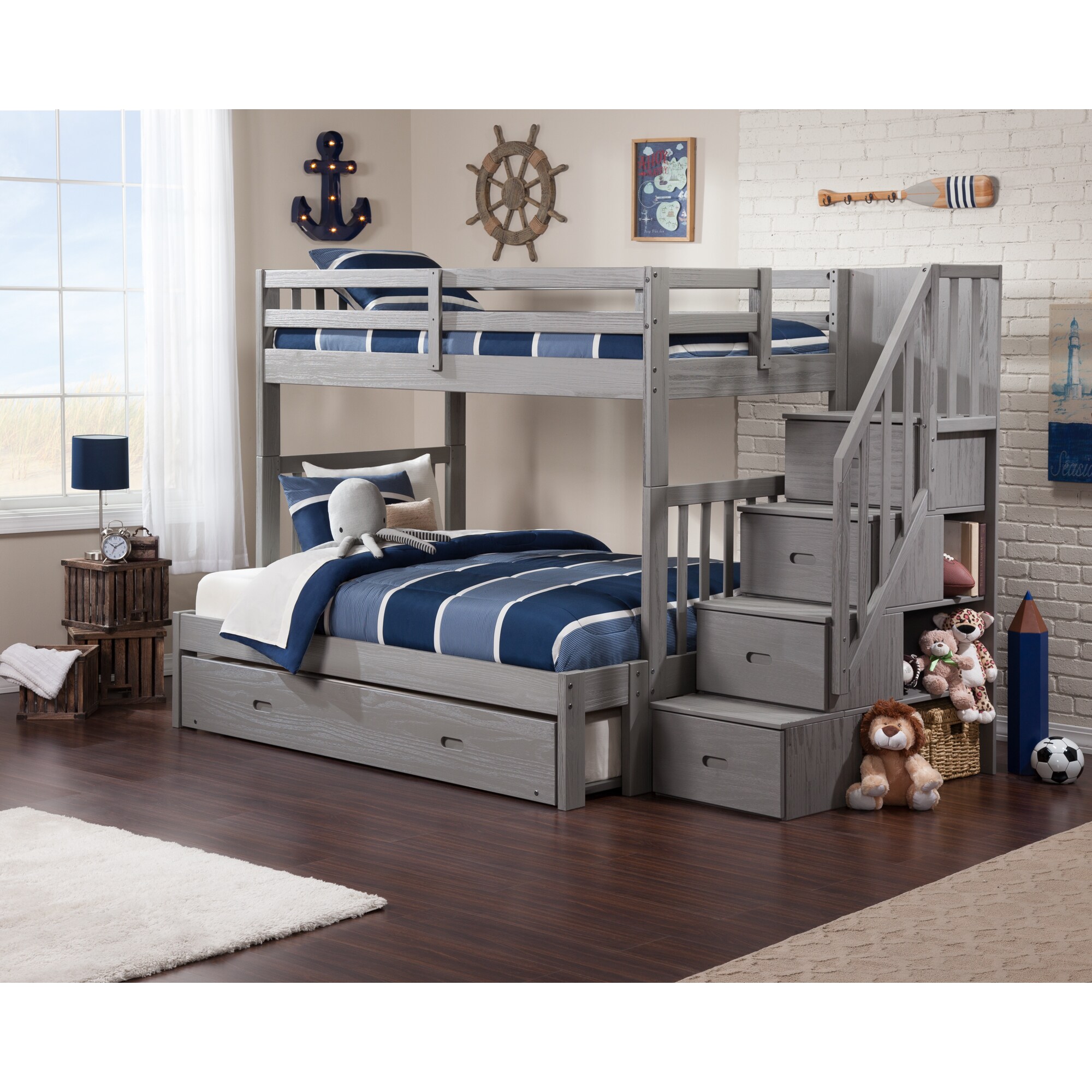 grey bunk bed with trundle