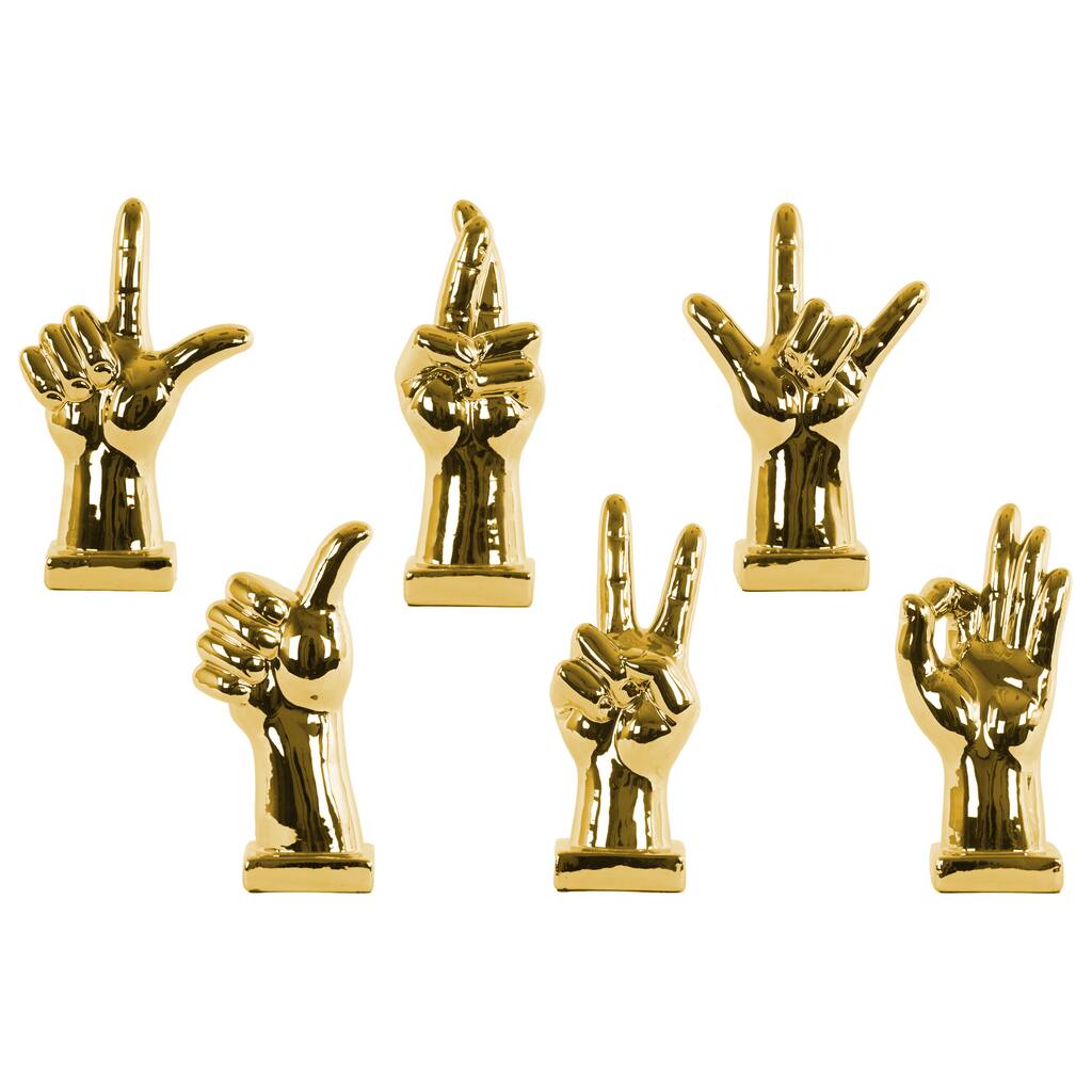 Chrome Finished Gold Ceramic Hand Signal Sculptures on Base (Set of 6)