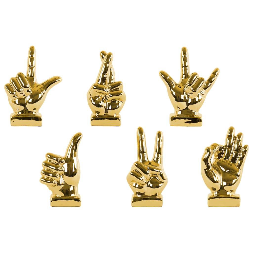 Small Chrome Finished Gold Ceramic Hand Signal Sculptures on Base (Set of 6)