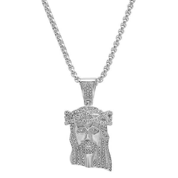Stainless Steel and Cubic Zirconia Jesus Head Pendant