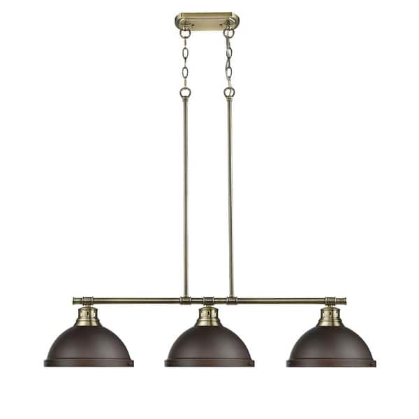 slide 2 of 4, Duncan 3-light Linear Pendant in Aged Brass with Rubbed Bronze Shades