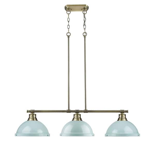 slide 2 of 4, Duncan Aged Brass 3-Light Linear Pendant with Seafoam Shades