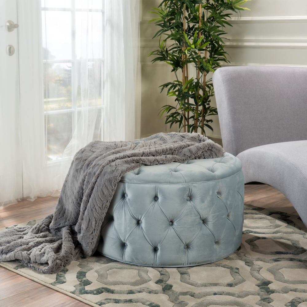Zelfa Modern Glam Tufted Velvet Round Ottoman by Christopher Knight Home