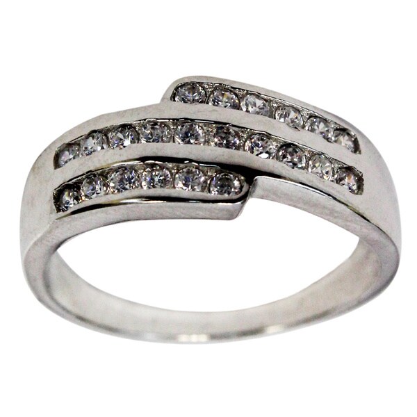 Slanted Triple Row Sterling Silver Cubic Zirconia Unisex Wedding Ring