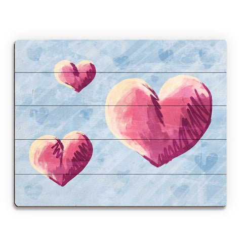 Sketchy Hearts on Blue Wall Art Print on Wood