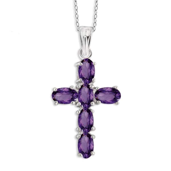 slide 1 of 8, Jewelonfire Sterling Silver Amethyst Gemstone Cross Pendant Sterling Silver - White - White - Amethyst - 18 Inch