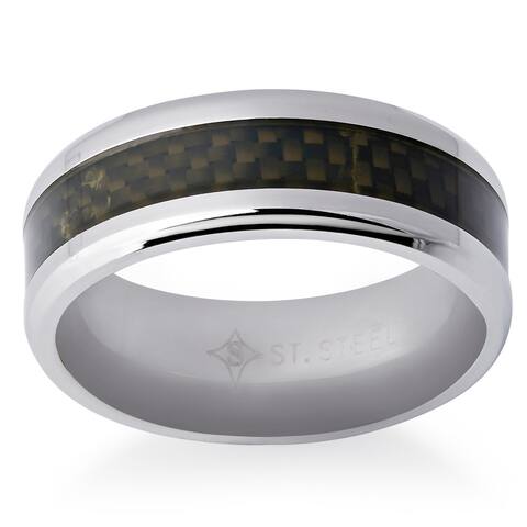 Men's Stainless Steel/Black Carbon Fiber 8-millimeter High-polish Ring