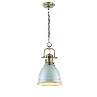Golden Lighting Duncan Aged Brass Small Pendant With Seafoam Shade and Chain