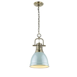 Golden Lighting Duncan Aged Brass Small Pendant With Seafoam Shade and Chain