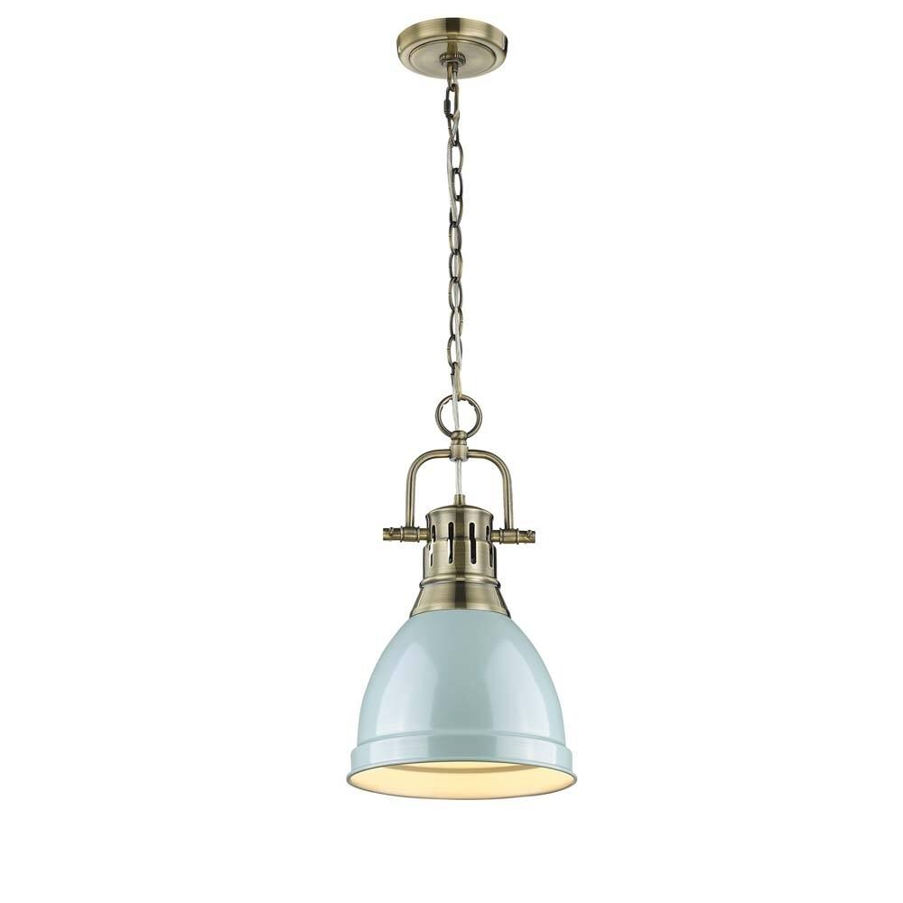 Golden Lighting Duncan Aged Brass Small Pendant With Seafoam Shade and Chain