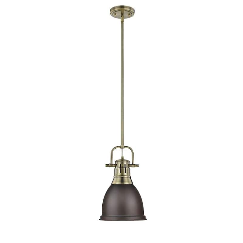 Golden Lighting Duncan Aged Brass Small Pendant with Rod and Rubbed Bronze Shade