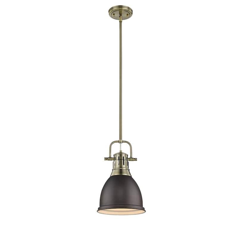 Golden Lighting Duncan Aged Brass Small Pendant with Rod and Rubbed Bronze Shade