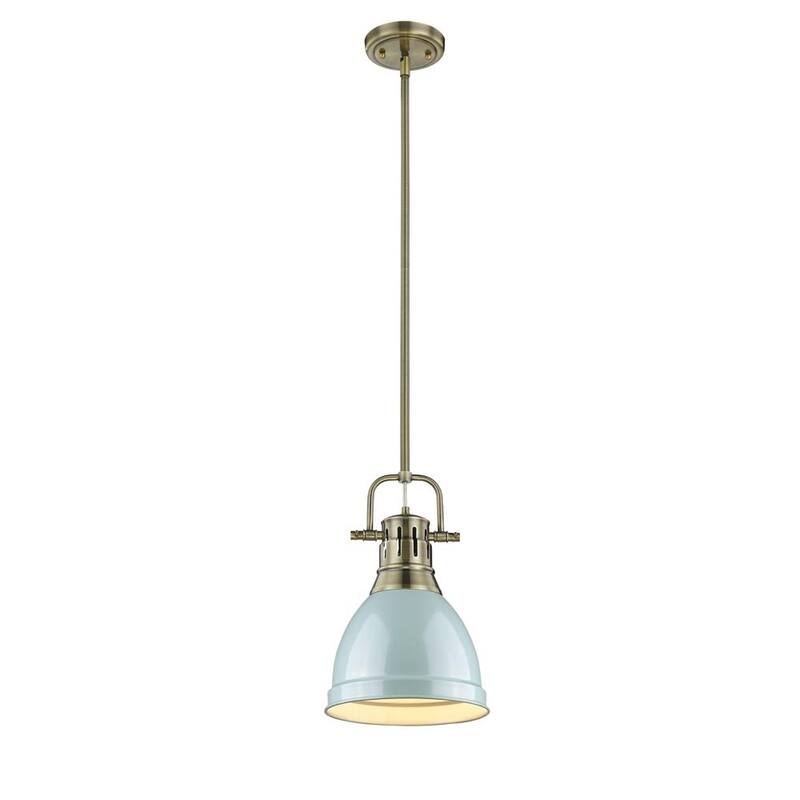 Golden Lighting Duncan Aged Brass Rod/Seafoam Shade Small Pendant
