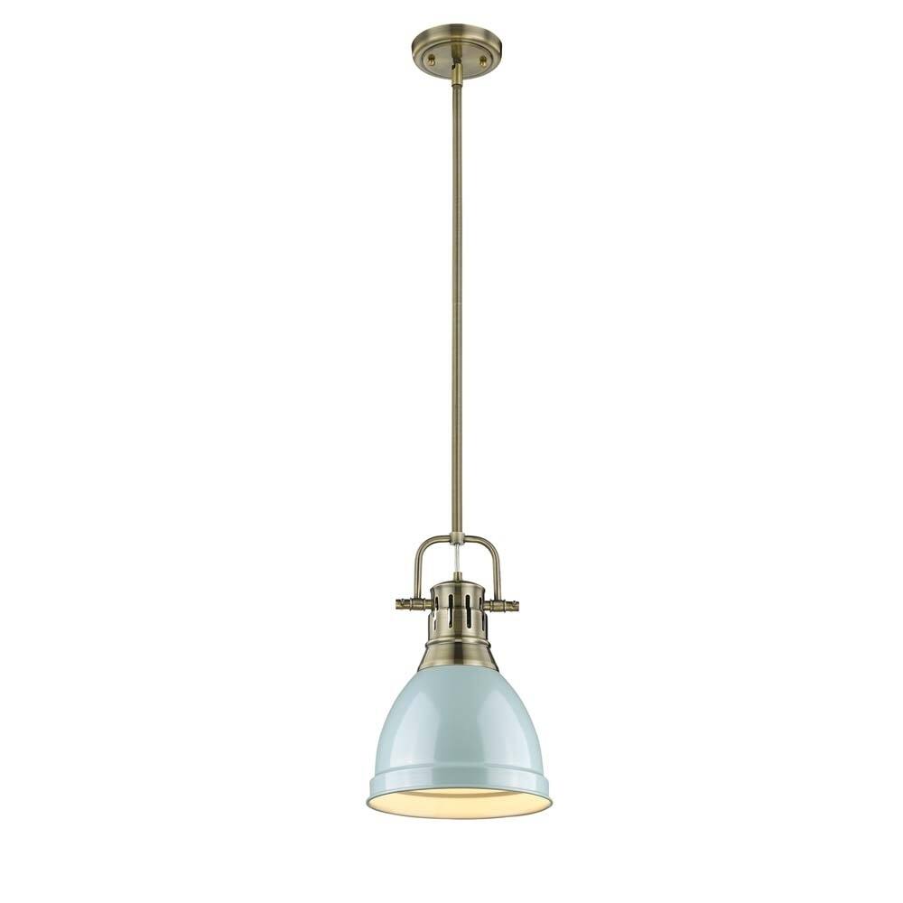 Golden Lighting Duncan Aged Brass Rod/Seafoam Shade Small Pendant