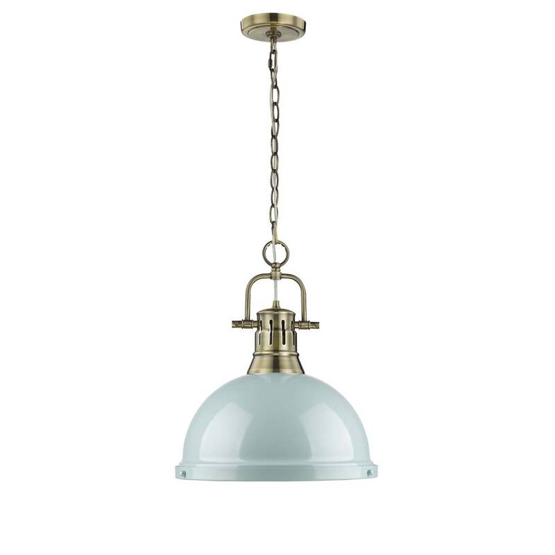 Golden Lighting Duncan 1-light Aged Brass Pendant with Chain and a Seafoam Shade