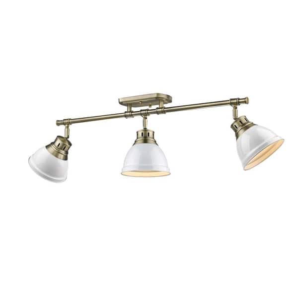 slide 2 of 5, Golden Lighting Duncan Aged Brass-colored Steel 3-light Semi-flush Track Light with White Shades