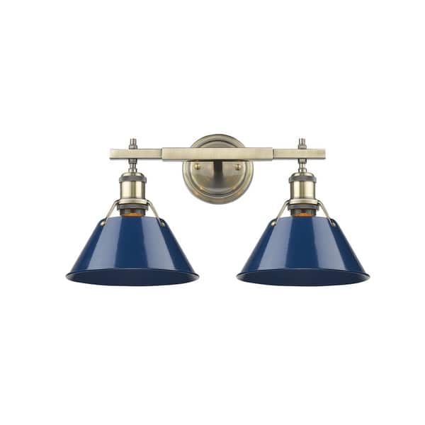 slide 2 of 3, Golden Lighting Orwell AB Aged Brass 2-light Bath Vanity with Navy Blue Shades