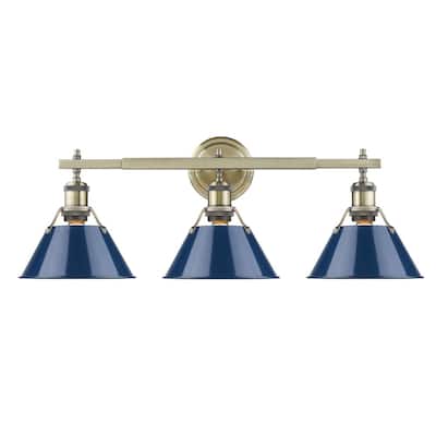Golden Lighting Orwell Aged Brass Finish Steel Navy Blue Glass Shade 3-light Bath Vanity Fixture