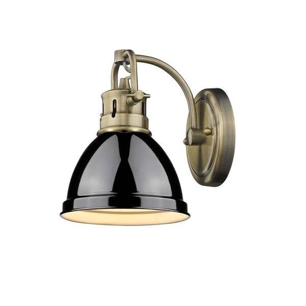 slide 2 of 3, Golden Lighting Duncan Aged Brass Finish Steel Black Shade 1-light Bath Vanity Fixture
