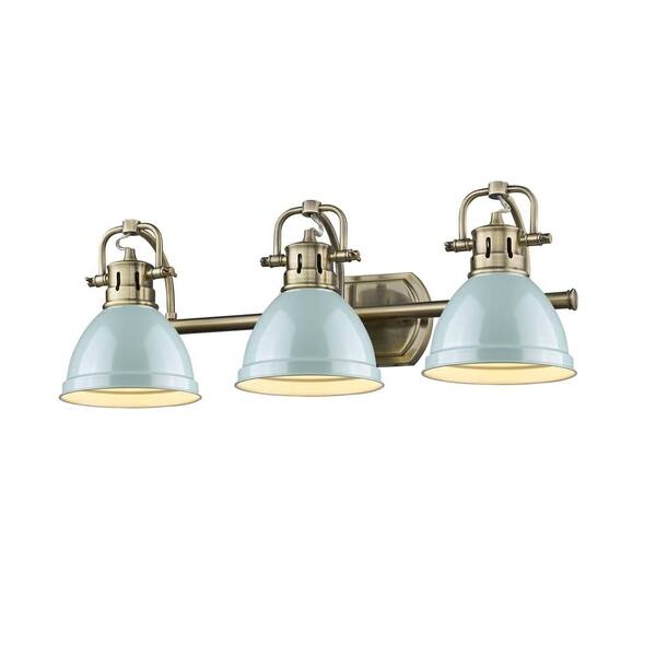 slide 2 of 4, Golden Lighting Duncan Brass 3-light Bath Vanity with Seafoam Shades