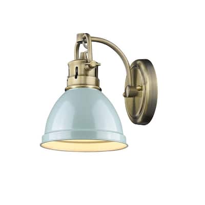 Duncan 1-light Bath Vanity in Aged Brass with a Seafoam Shade