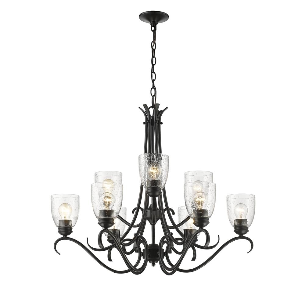 black chandelier with seeded glass