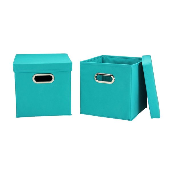 Aqua Fabric Collapsible Lidded Storage Cubes (Set of 2