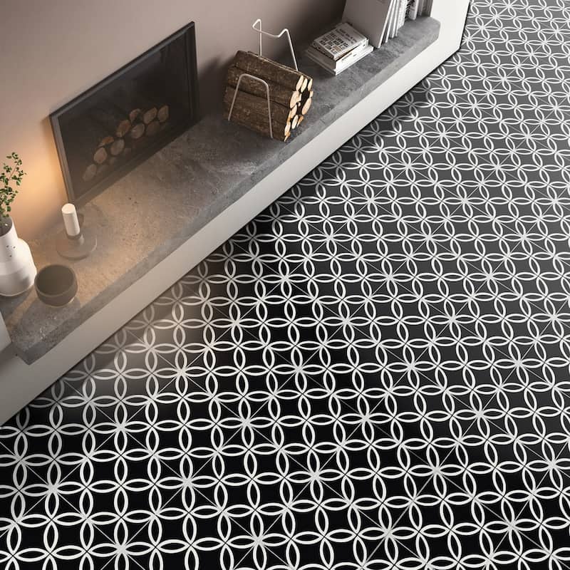 Handmade Amlo Black, White Outline Tile, Pack of 12 (Morocco)