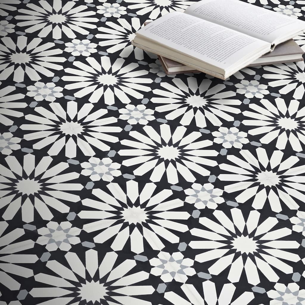 Handmade Alhambra in White, Black, Grey Tile, Pack of 12 (Morocco)