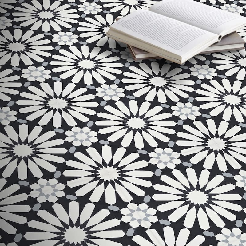 Handmade Alhambra in White, Black, Grey Tile, Pack of 12 (Morocco)