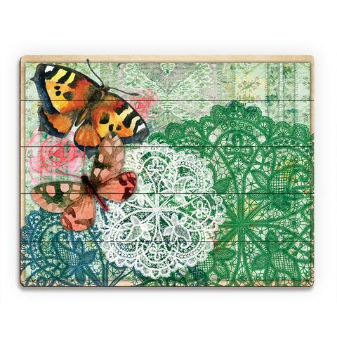 'Aqua Doilies Butterflies' Wood Wall Art Print