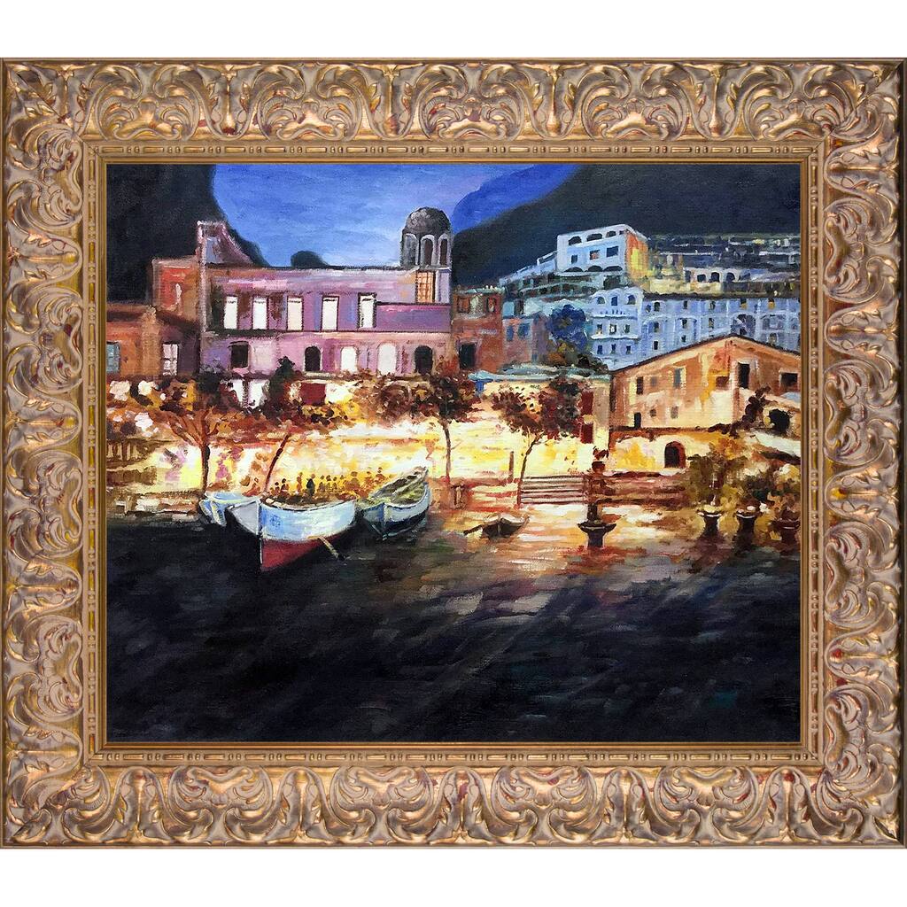 La Pastiche Rolando Lambiase 'Positano by Night' Hand Painted Framed Oil Reproduction on Canvas