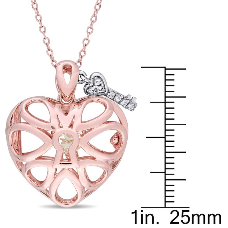 Miadora Rose Plated Sterling Silver Heart-Cut White Topaz Openwork Locket with Centered Lock and Studded Key Necklace