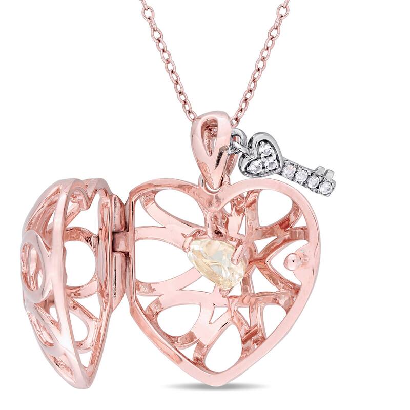 Miadora Rose Plated Sterling Silver Heart-Cut White Topaz Openwork Locket with Centered Lock and Studded Key Necklace