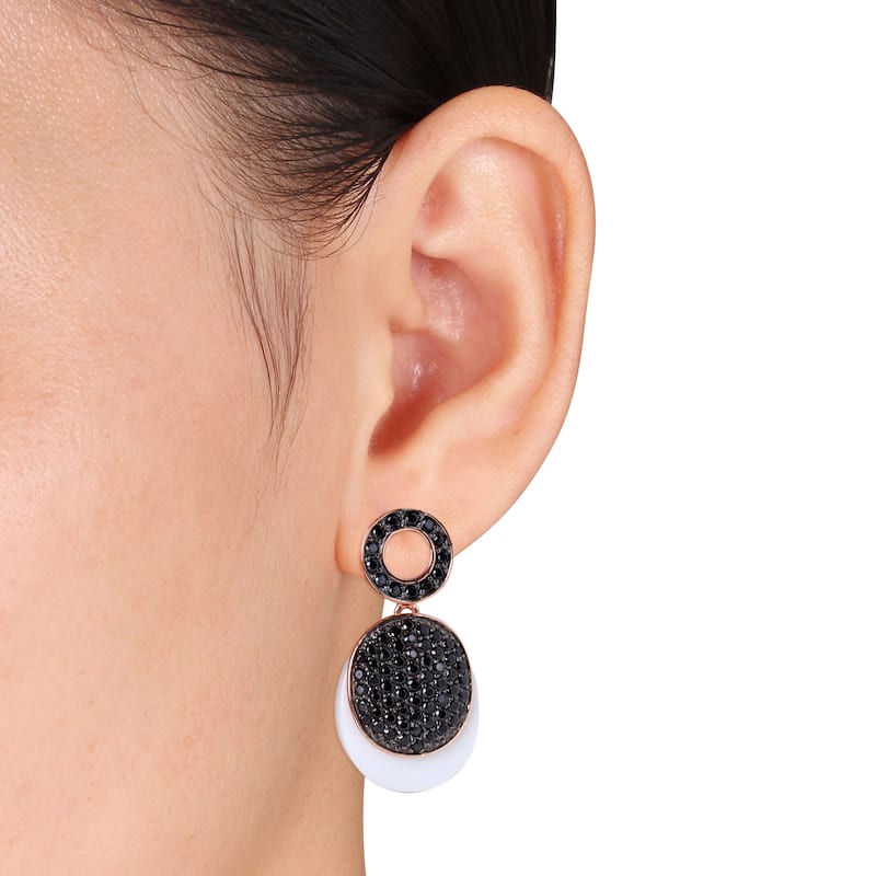 Miadora Synthetic White Agate Black Cubic Zirconia Dangle Earrings in Rose Plated Sterling Silver